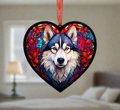 Alaskan Malamute Stained Glass Effect Heart Suncatcher